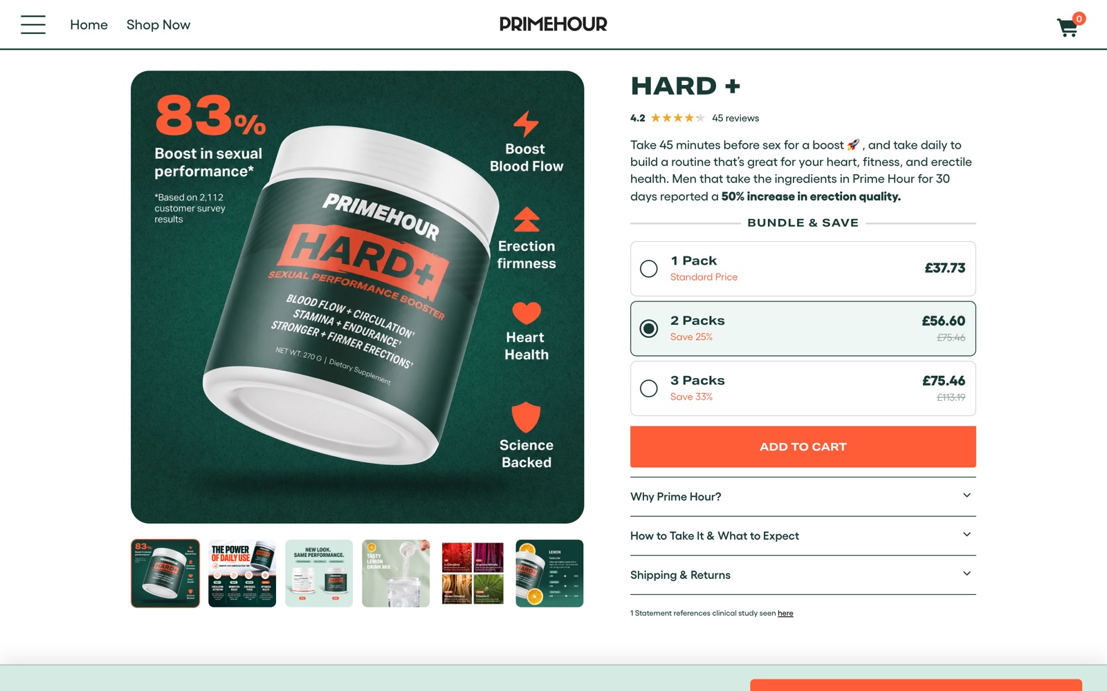 PrimeHour product page: a tub of HARD+ drink mix on the left, with the product title, bundle options and an add-to-cart button on the right.