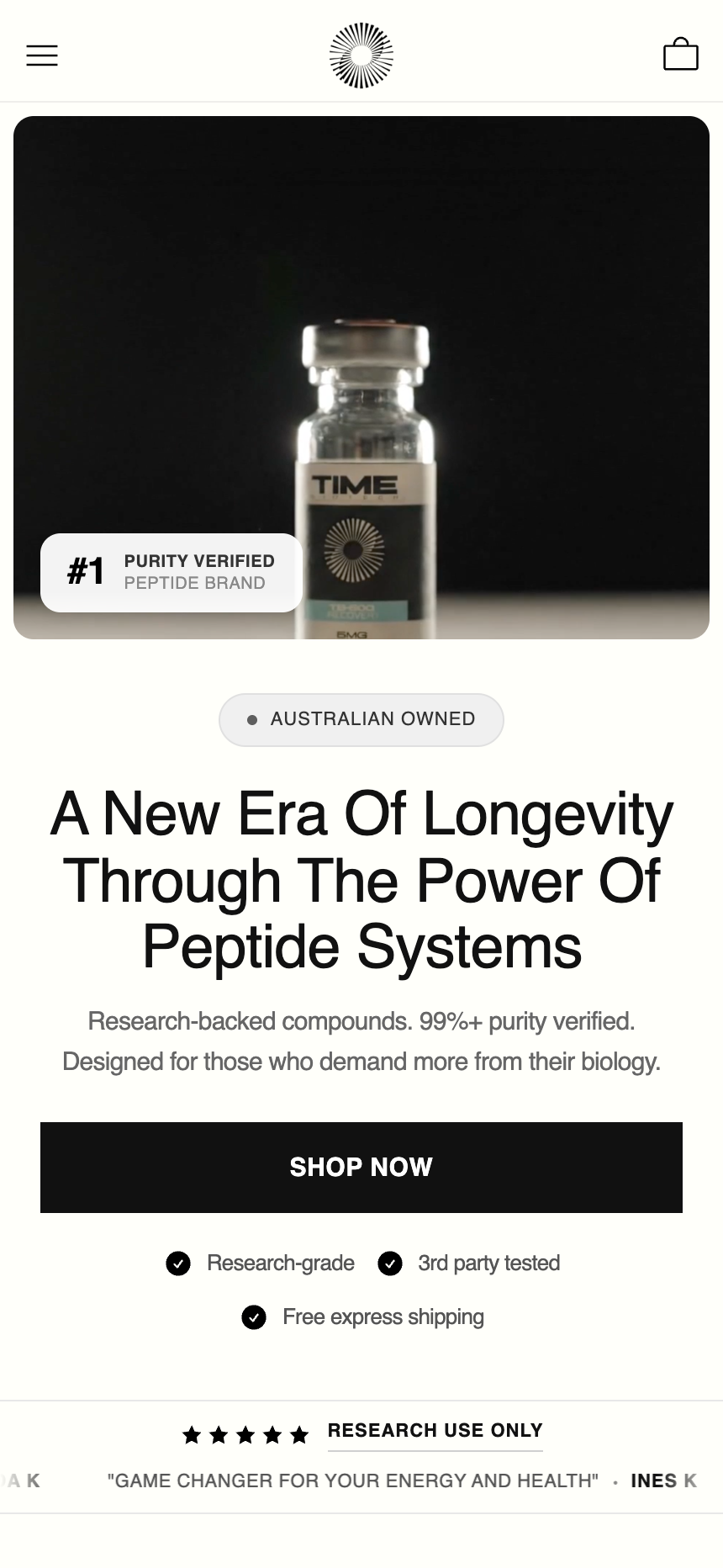 Time Biotech mobile homepage: a product vial on a dark background, an 'Australian owned' badge, the headline 'A new era of longevity through the power of peptide systems' and a 'Shop now' button.
